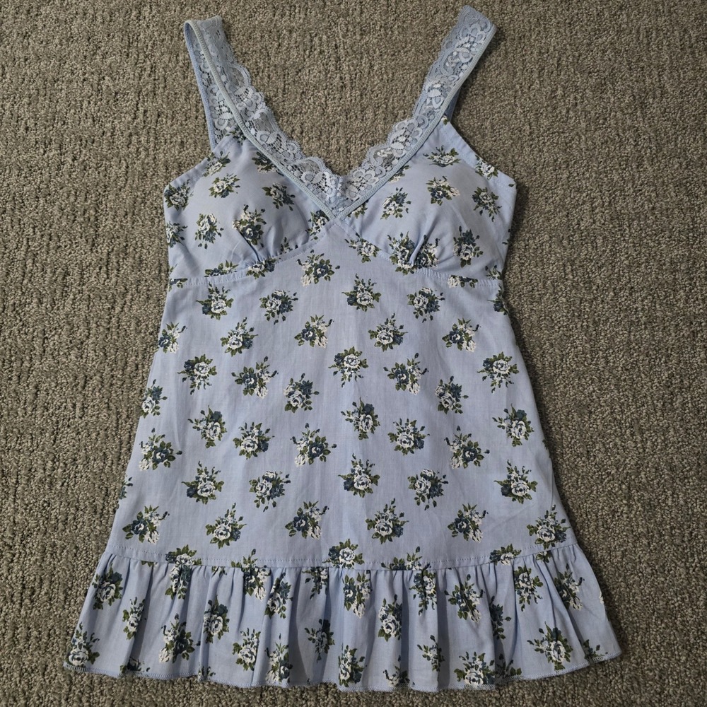 LEI Blue Floral Lace Trim Cami Top Smocked Ruffle Fairycore Cottagecore S‎ NWT